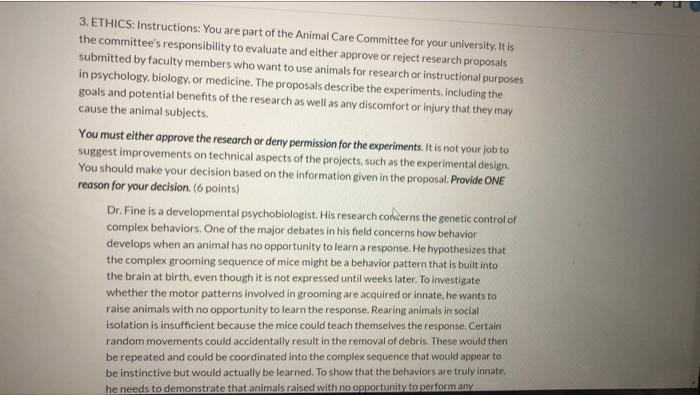3. ETHICS: Instructions: You are part of the Animal | Chegg.com