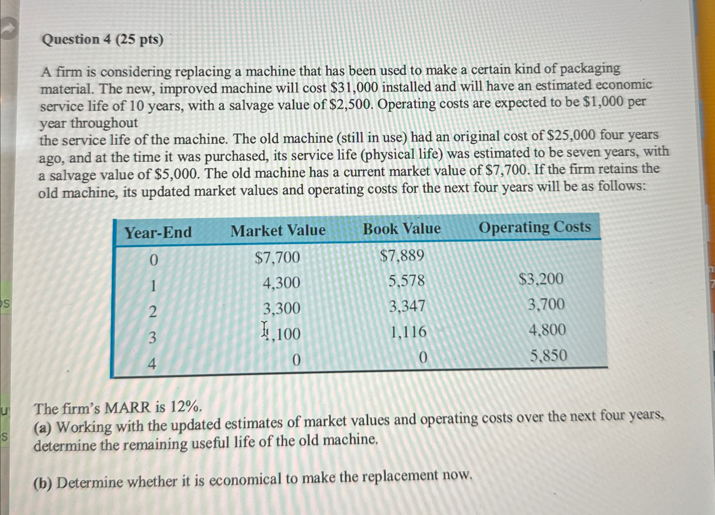 Solved Question 4 (25 ﻿pts)A firm is considering replacing a | Chegg.com