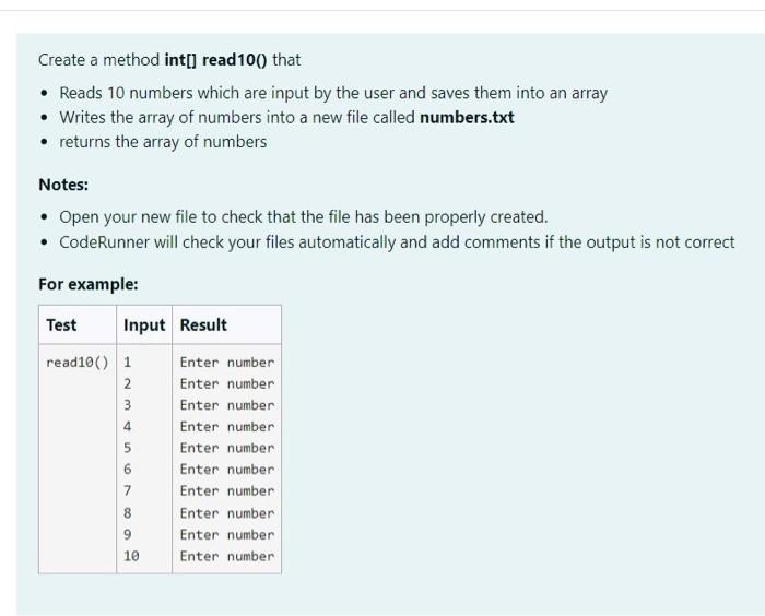 Solved Create a method int[] read10() thatReads 10 numbers | Chegg.com