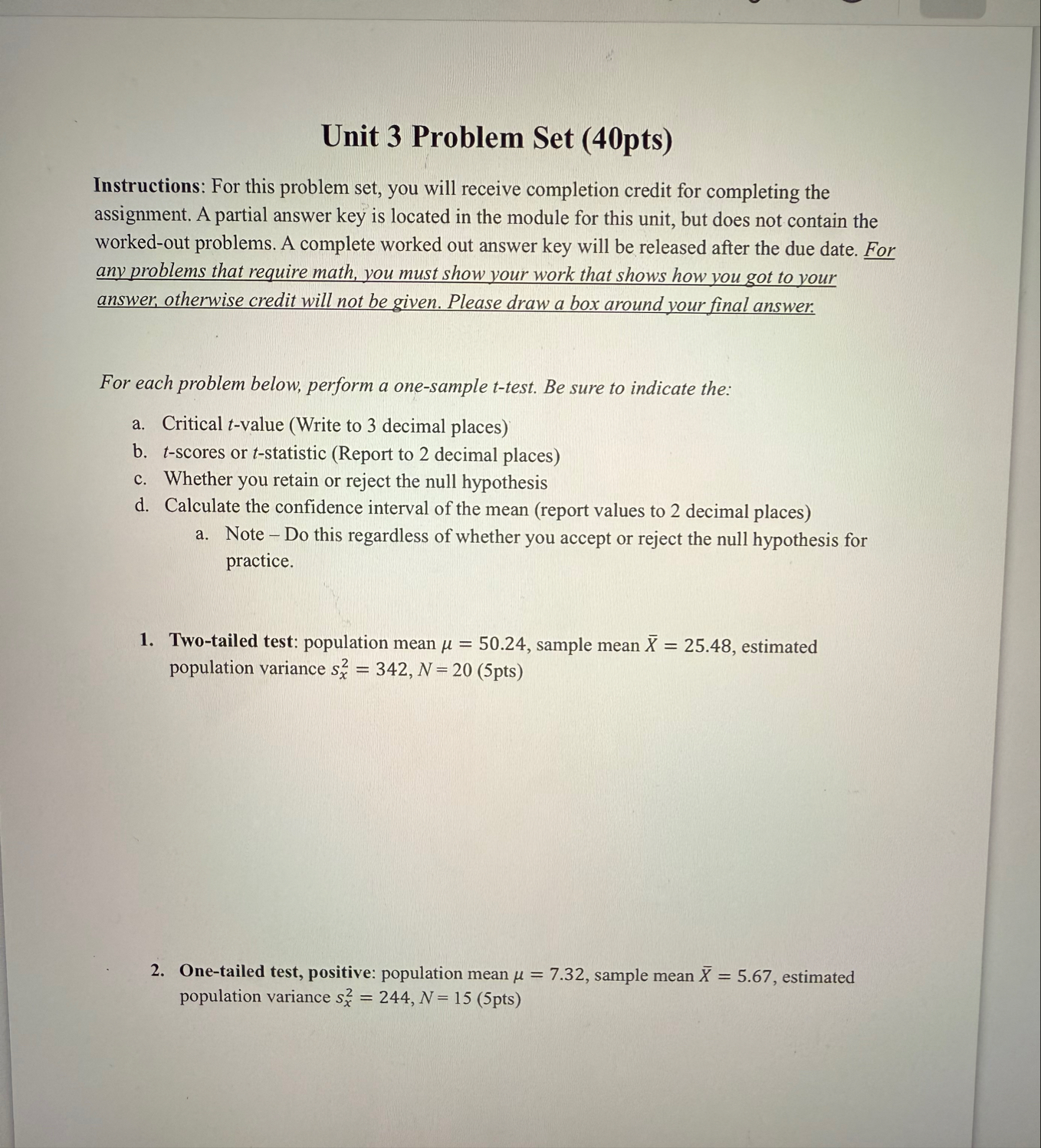 Solved Unit 3 ﻿Problem Set (40pts)Instructions: For this | Chegg.com