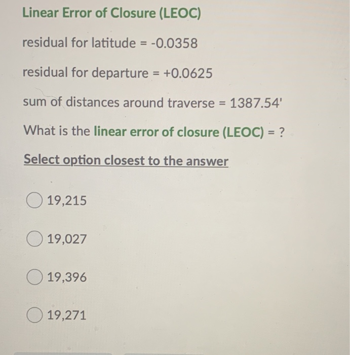 Solved Linear Error of Closure (LEOC) residual for latitude | Chegg.com