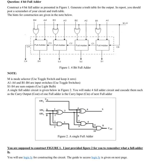 Solved Question: 4 bit Full Adder Construct a 4 bit full | Chegg.com