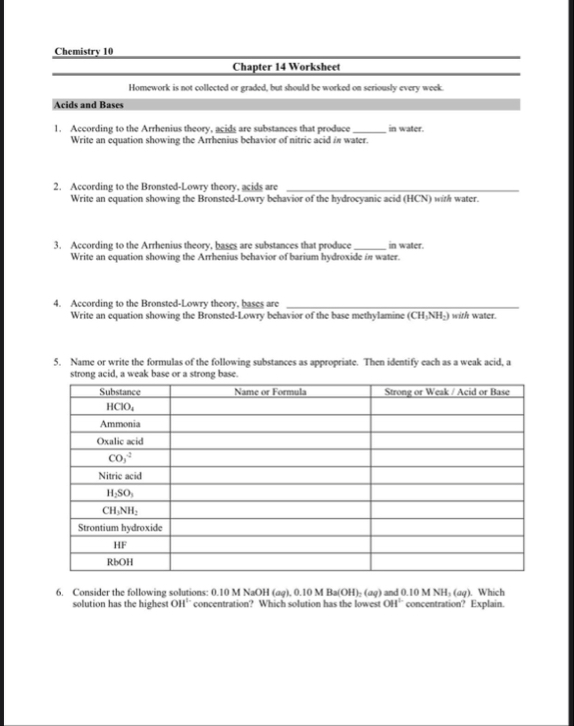 Solved Chemistry 10Chapter 14 ﻿WorksheetHomework is not | Chegg.com