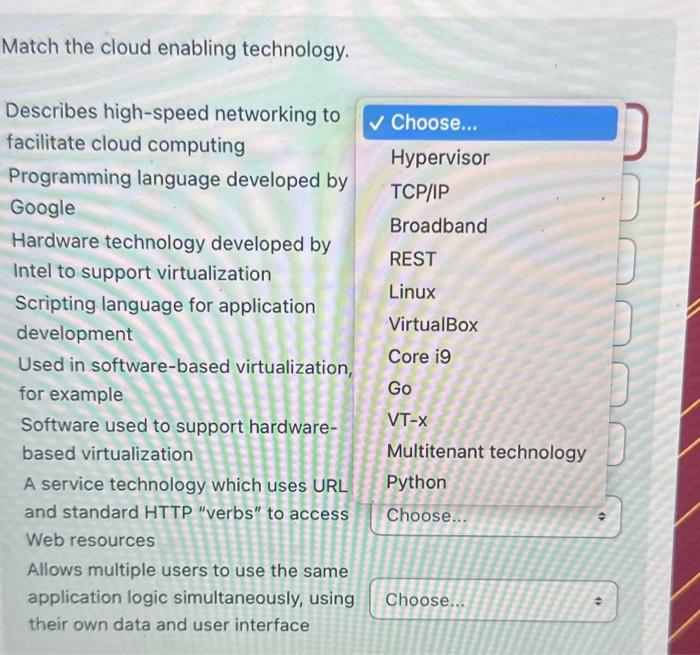 Solved Match the cloud enabling technology. Describes | Chegg.com