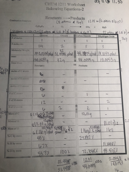 Solved 11.30 CHEM 1211 Worksheet Balancing Equations-2 | Chegg.com