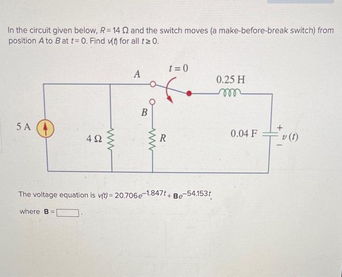 In the circuit given below, \( R=14 \Omega \) and the switch moves (a make-before-break switch) from position \( A \) to \( B