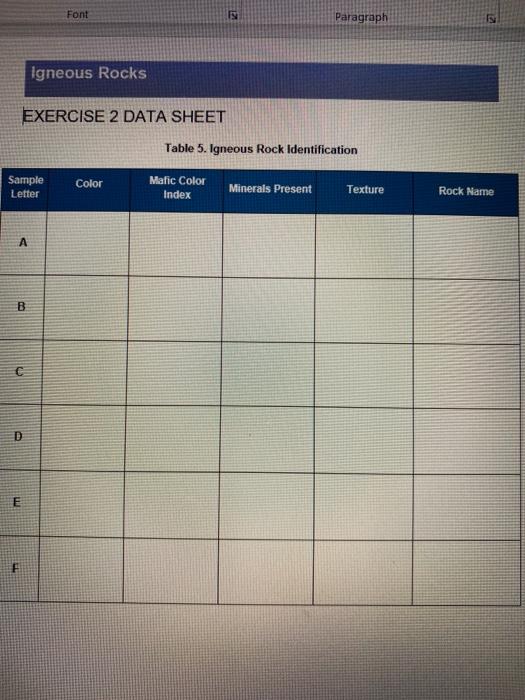 Solved Identify A-F igneous rocks. Answer table 5 and 6. | Chegg.com
