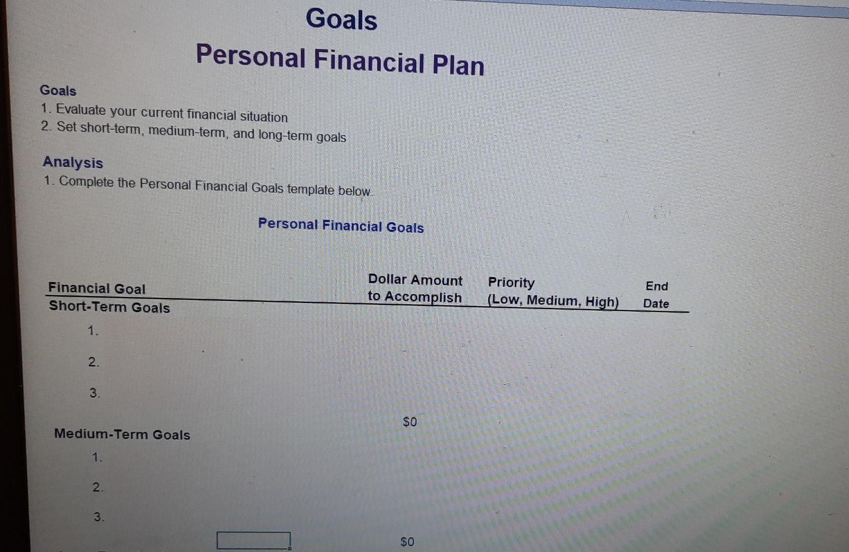 Solved Goals 1. Evaluate your current financial situation 2.