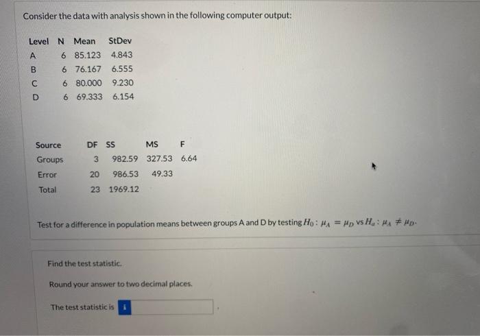 Solved Consider the data with analysis shown in the | Chegg.com
