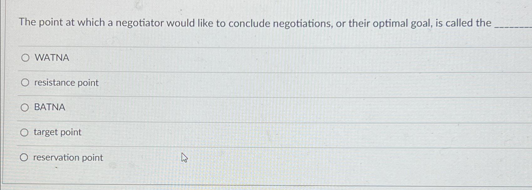 Solved The point at which a negotiator would like to | Chegg.com