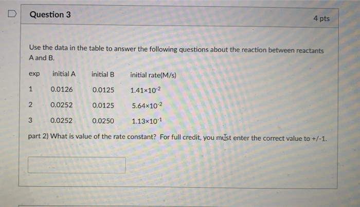 Solved Question 3 4 pts Use the data in the table to answer | Chegg.com