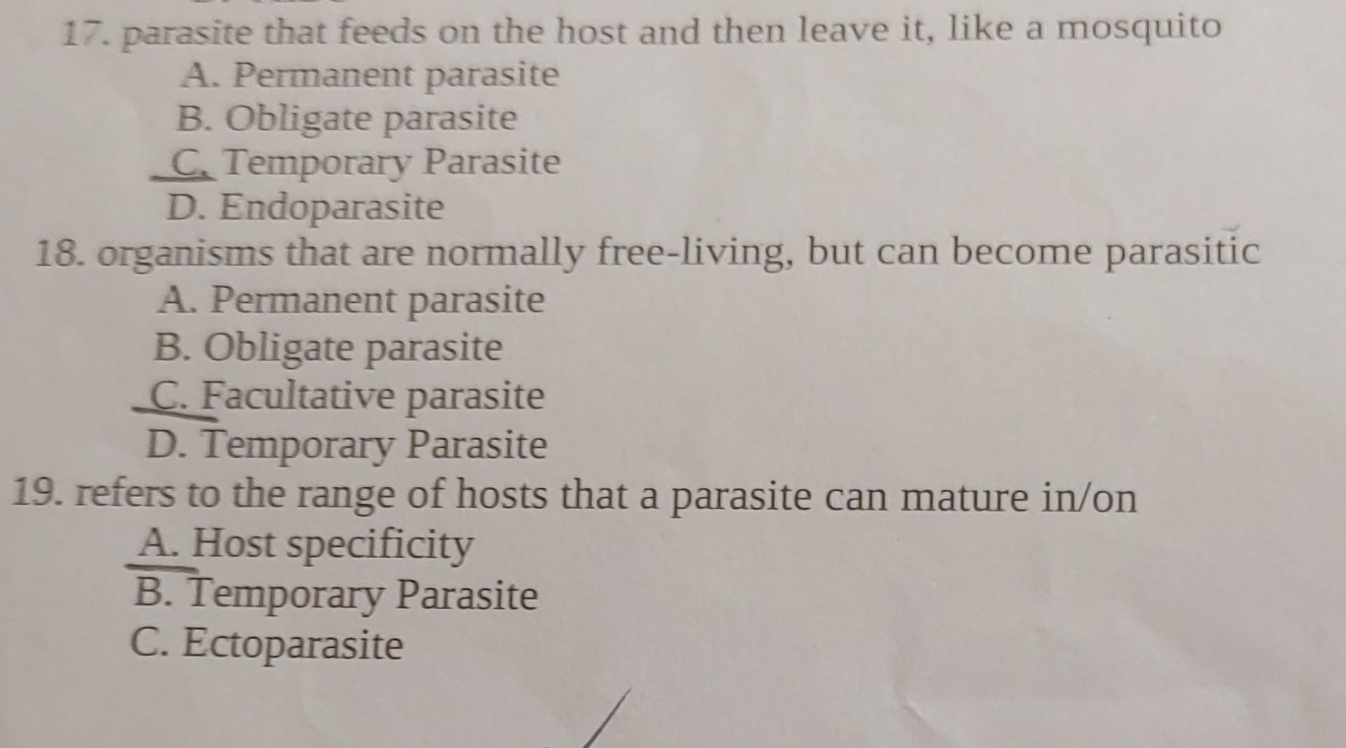 Solved 17. Parasite That Feeds On The Host And Then Leave | Chegg.com