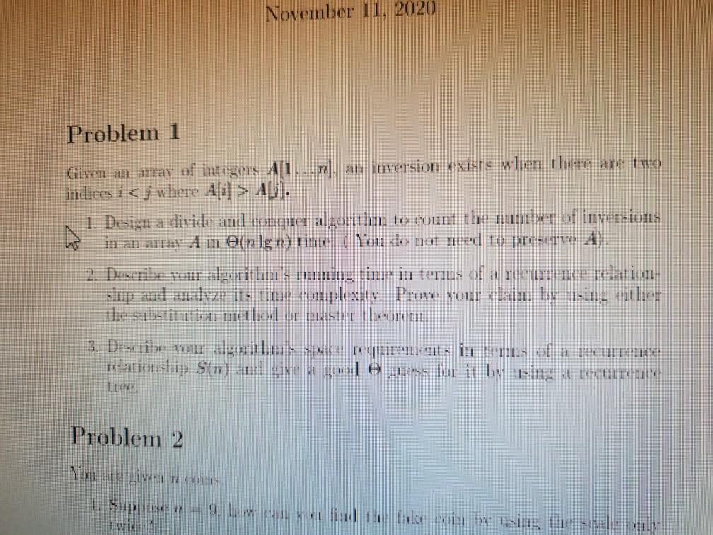 Solved November 11, 2020 Problem 1 Given an array of | Chegg.com