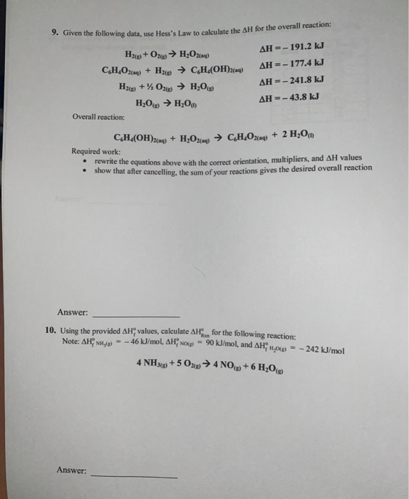 Solved lowing data, use Hess's Law to calculate the AH for | Chegg.com