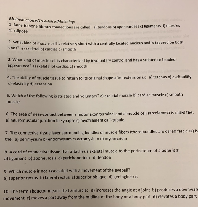 Solved Multiple-choice/True-false/Matching: 1. Bone to bone