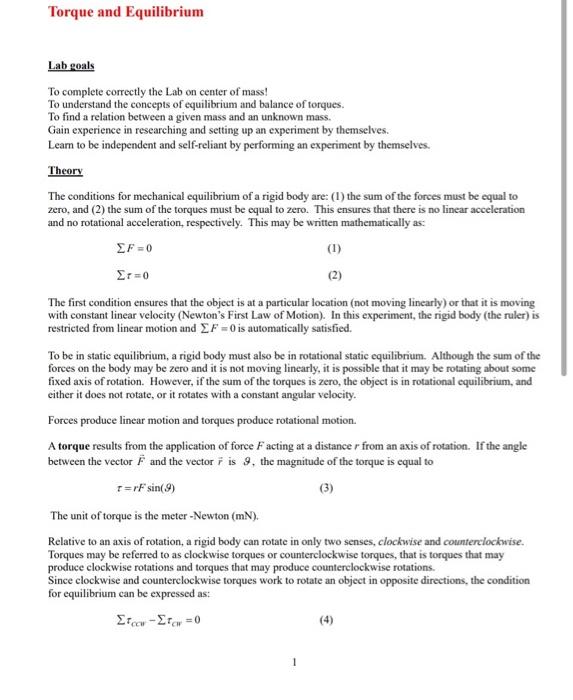 Solved Torque and Equilibrium Lab goals To complete