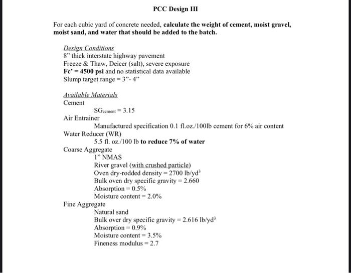 Solved PCC Design III For each cubic yard of concrete | Chegg.com