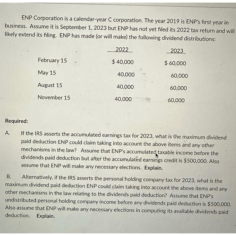 Solved ENP Corporation is a calendar-year C corporation. The | Chegg.com