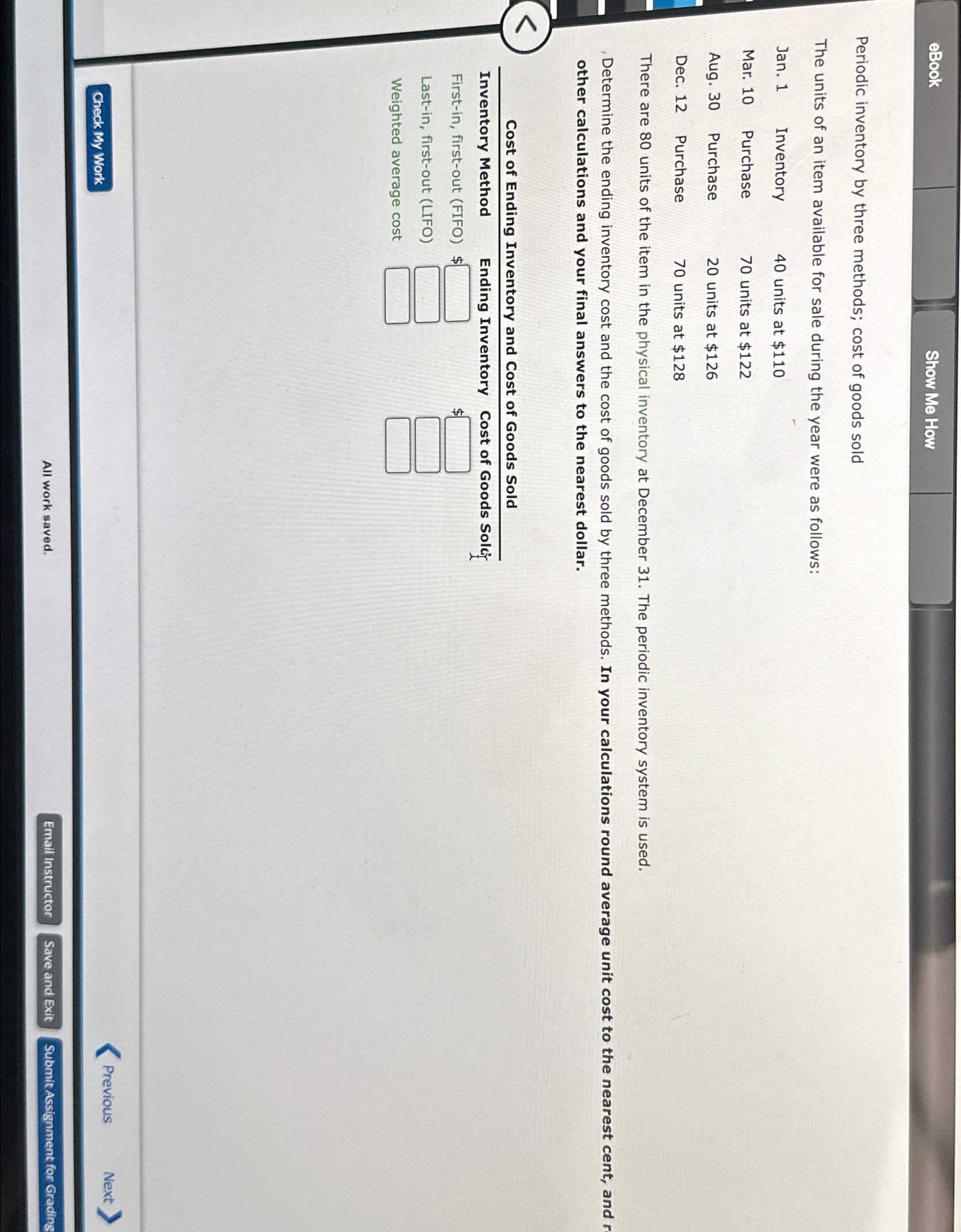 Solved eBookShow Me HowPeriodic inventory by three methods; | Chegg.com