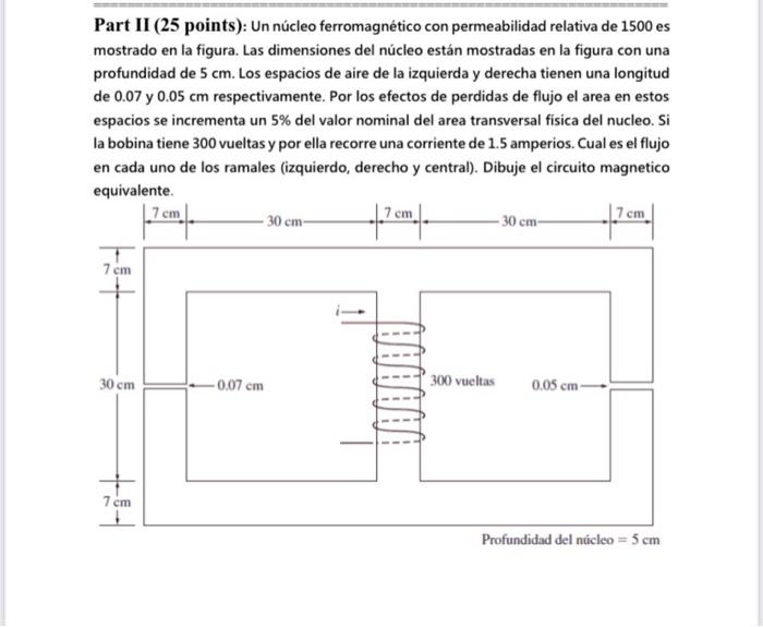 Part II (25 points): Un núcleo ferromagnético con permeabilidad relativa de 1500 es mostrado en la figura. Las dimensiones de