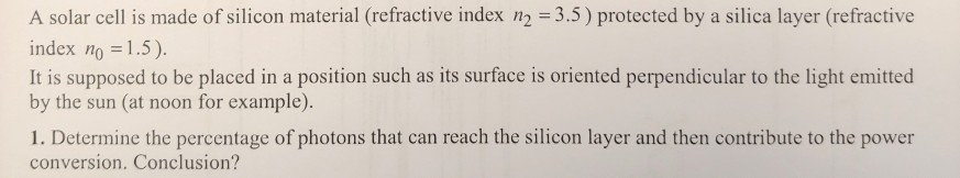 Solved A solar cell is made of silicon material (refractive | Chegg.com