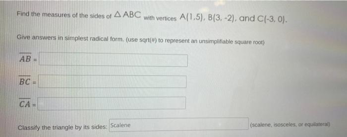 Solved Find The Measures Of The Sides Of A ABC With Vertices | Chegg.com