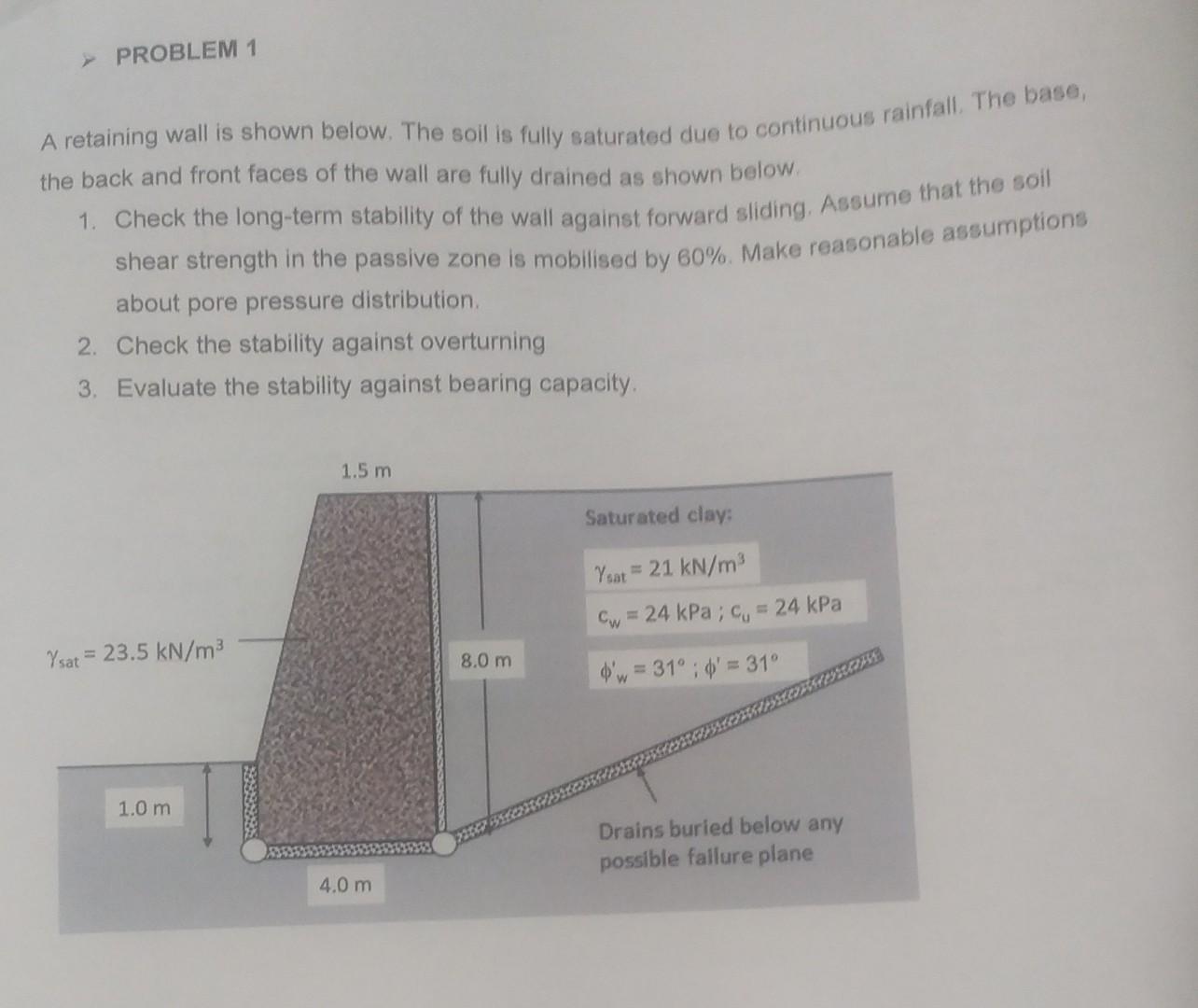 Solved PROBLEM 1 A retaining wall is shown below. The soil | Chegg.com