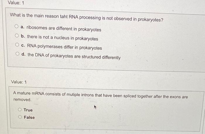 Solved Value: 1 What is the main reason taht RNA processing | Chegg.com