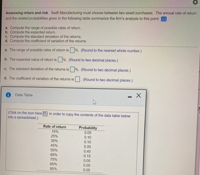 Solved Assessing return and risk Swift Manufacturing must