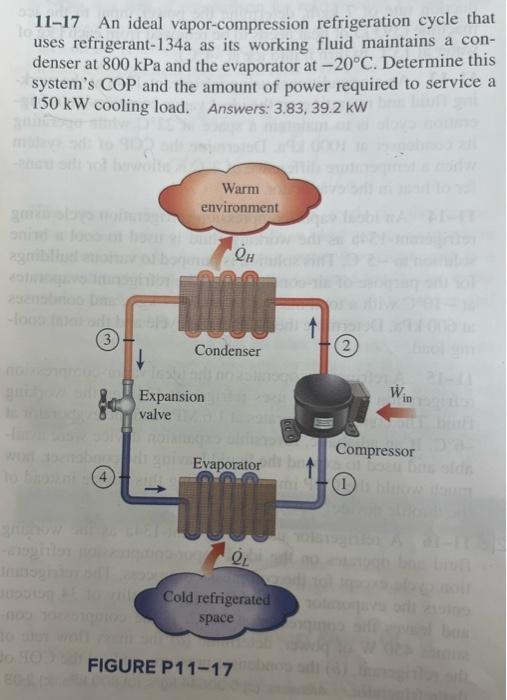 11-17 An ideal vapor-compression refrigeration cycle that uses refrigerant-134a as its working fluid maintains a condenser at