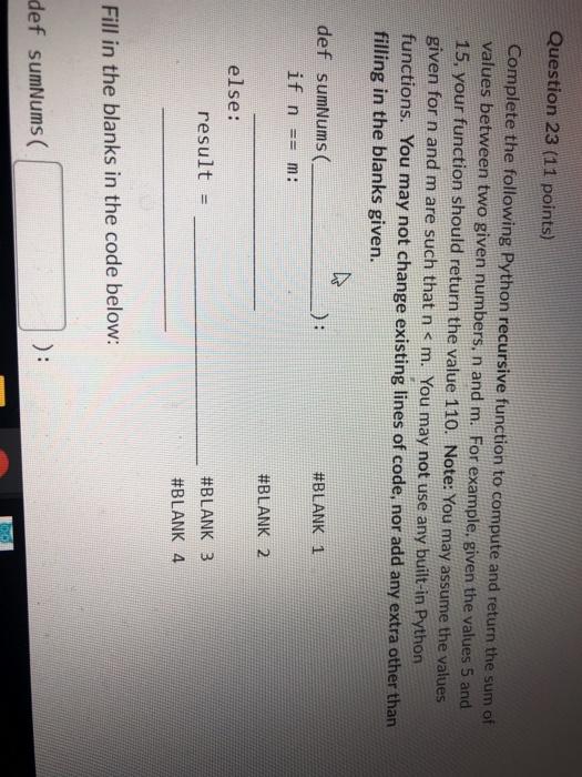 Solved Question 23 (11 points) Complete the following Python | Chegg.com