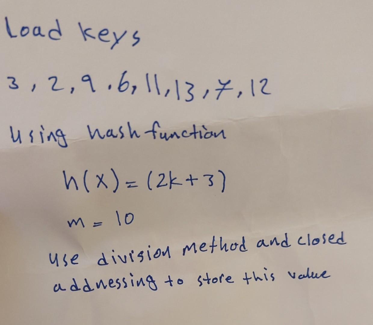 Solved using hash function h(x)=(2k+3)m=10 use division | Chegg.com
