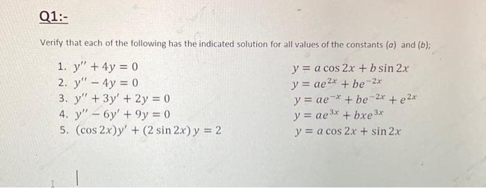 Verify that each of the following has the indicated solution for all values of the constants \( (a) \) and \( (b) \); 1. \( y