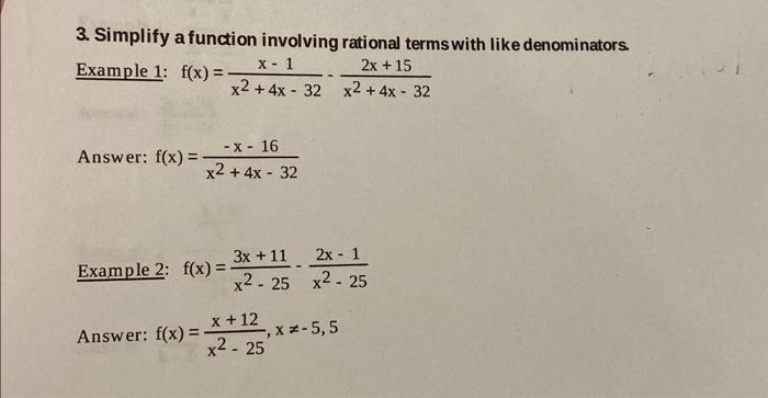 Solved 3. Simplify a function involving rational terms with | Chegg.com