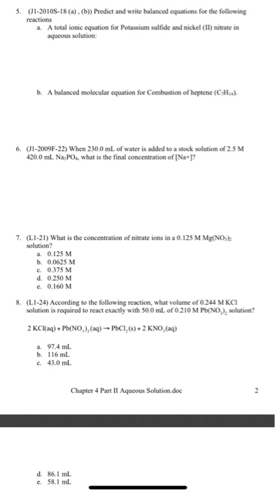 Solved 5. (J1-2010S-18 (a). (b)) Predict And Write Balanced | Chegg.com