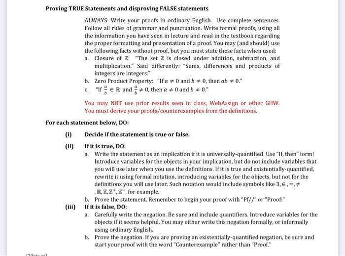 Solved Proving TRUE Statements and disproving FALSE | Chegg.com