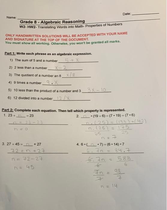 Solved Date: Name: Grade 8 - Algebraic Reasoning W2- HW2- | Chegg.com