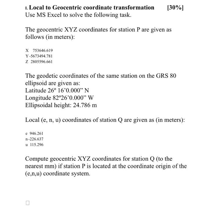 I. Local to Geocentric coordinate transformation | Chegg.com