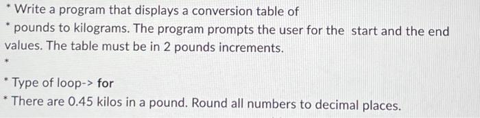 Solved "Write a program that displays a conversion table of | Chegg.com