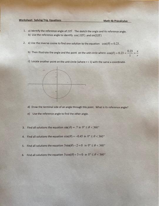 Solved Worksheet: Solving Trig. Equations Math 4b | Chegg.com