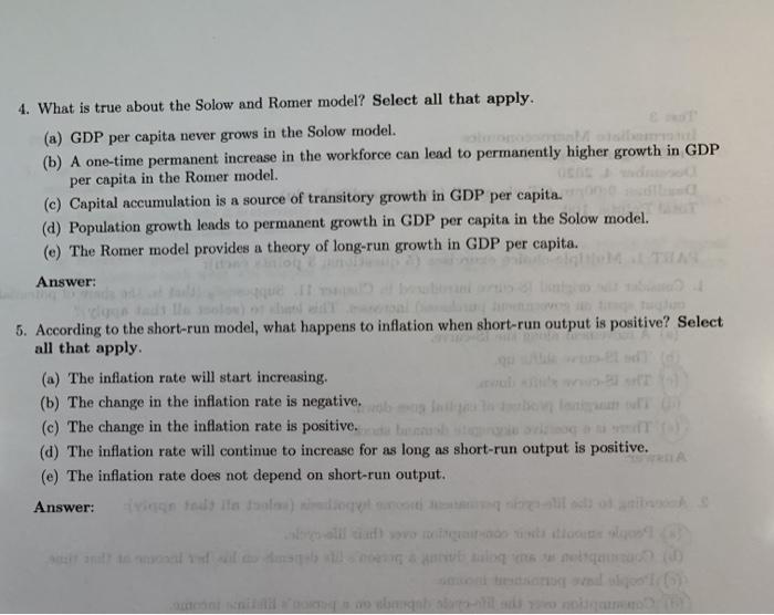 Solved 4. What is true about the Solow and Romer model? | Chegg.com