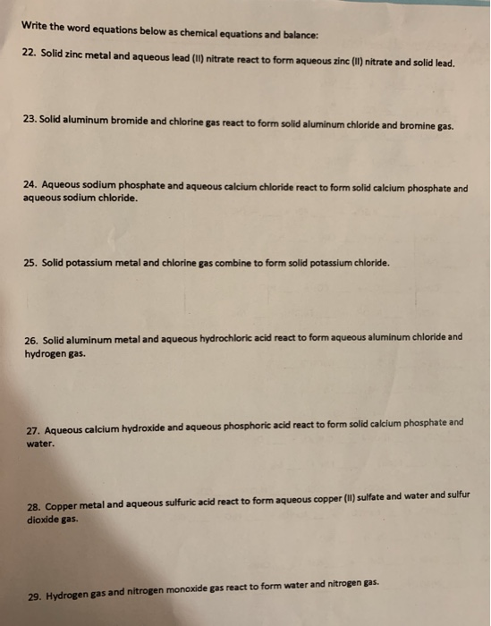 Solved Write the word equations below as chemical equations