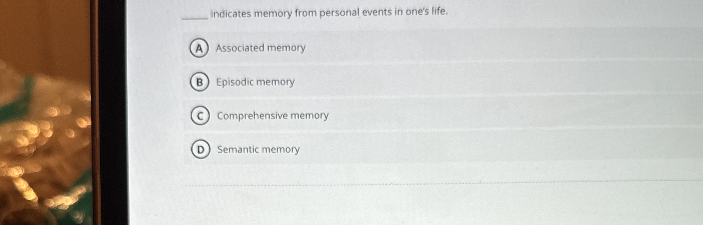 Solved Indicates Memory From Personal Events In One S Chegg