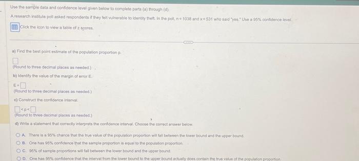 Solved Use The Sample Datu And Confidence Level Given Below 