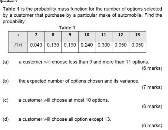 Solved Question 2 Table 1 is the probability mass function | Chegg.com