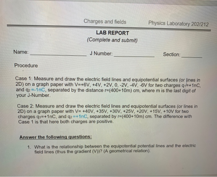 Charges and fields Physics Laboratory 202/212 LAB | Chegg.com