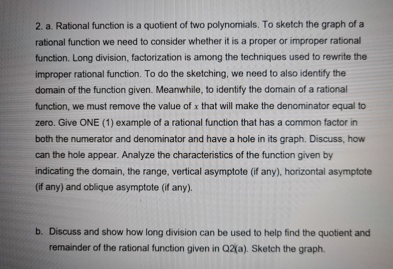 Solved 2. a. Rational function is a quotient of two | Chegg.com