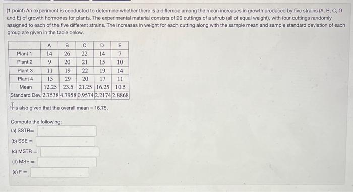 Solved (1 point) An experiment is conducted to determine | Chegg.com