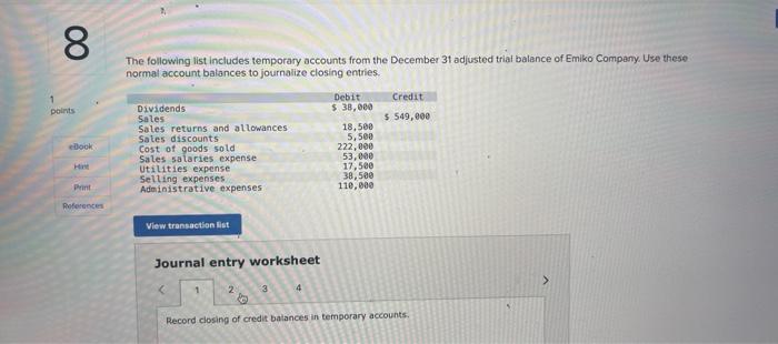 The following list includes temporary accounts from the December 31 adjusted trial balance of Emiko Company. Use these normal