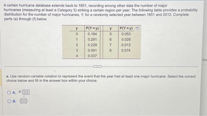 Solved A certain hurricane database extends back to 1851 , | Chegg.com ...